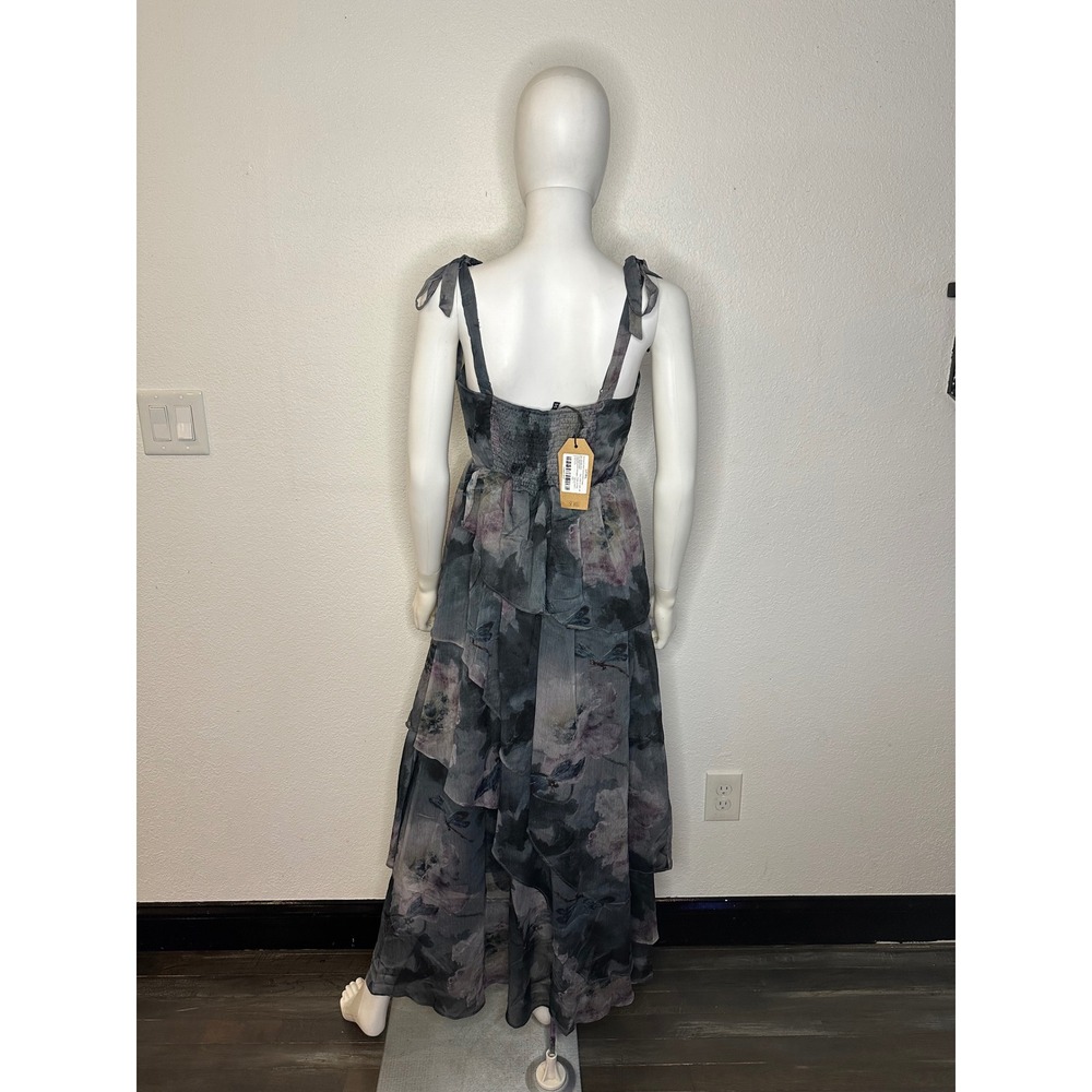 Disturbia Ophelie Chiffon Tiered Maxi Dress Dark Floral Smocked Back - Picture 2 of 3